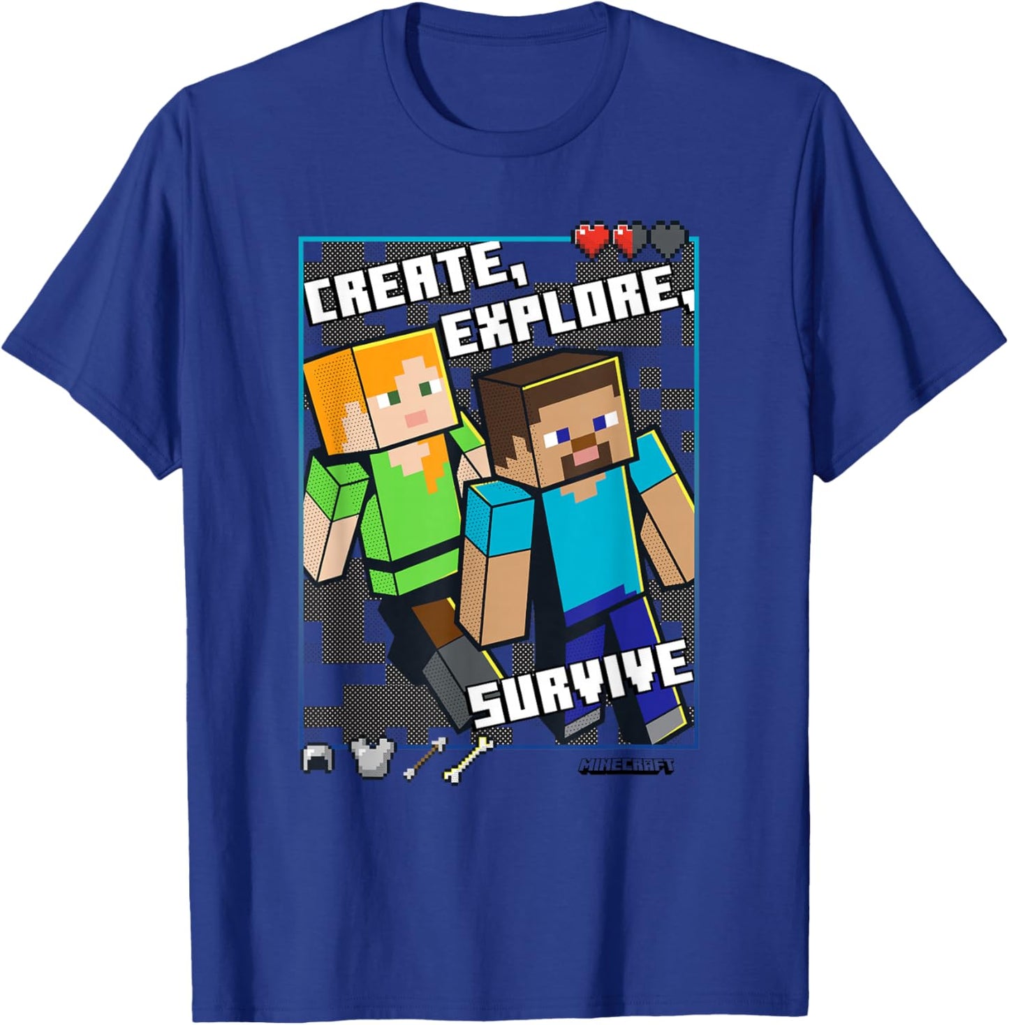 Minecraft Steve and Alex Create Explore Survive Box Up T-Shirt - T-Shirt | Royal