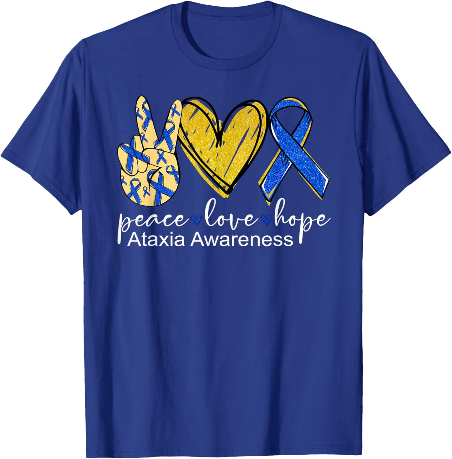 Peace Love Hope Ataxia Awareness Shirt Blue Ribbon T-Shirt - T-Shirt | Royal