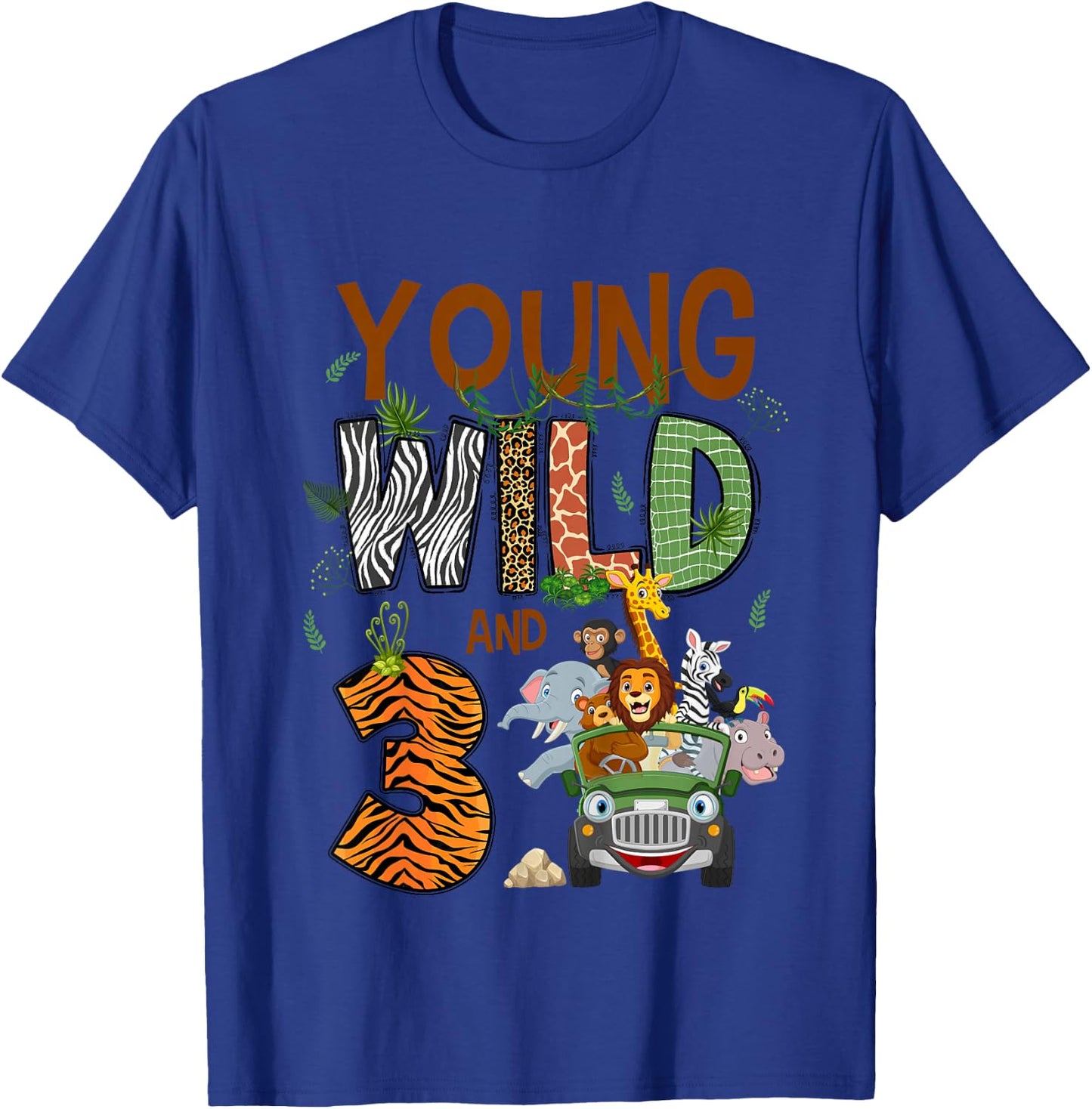 Kids Young Wild And Three 3 Yrs Old Safari Jungle Zoo 3rd B-day T-Shirt - T-Shirt | Royal