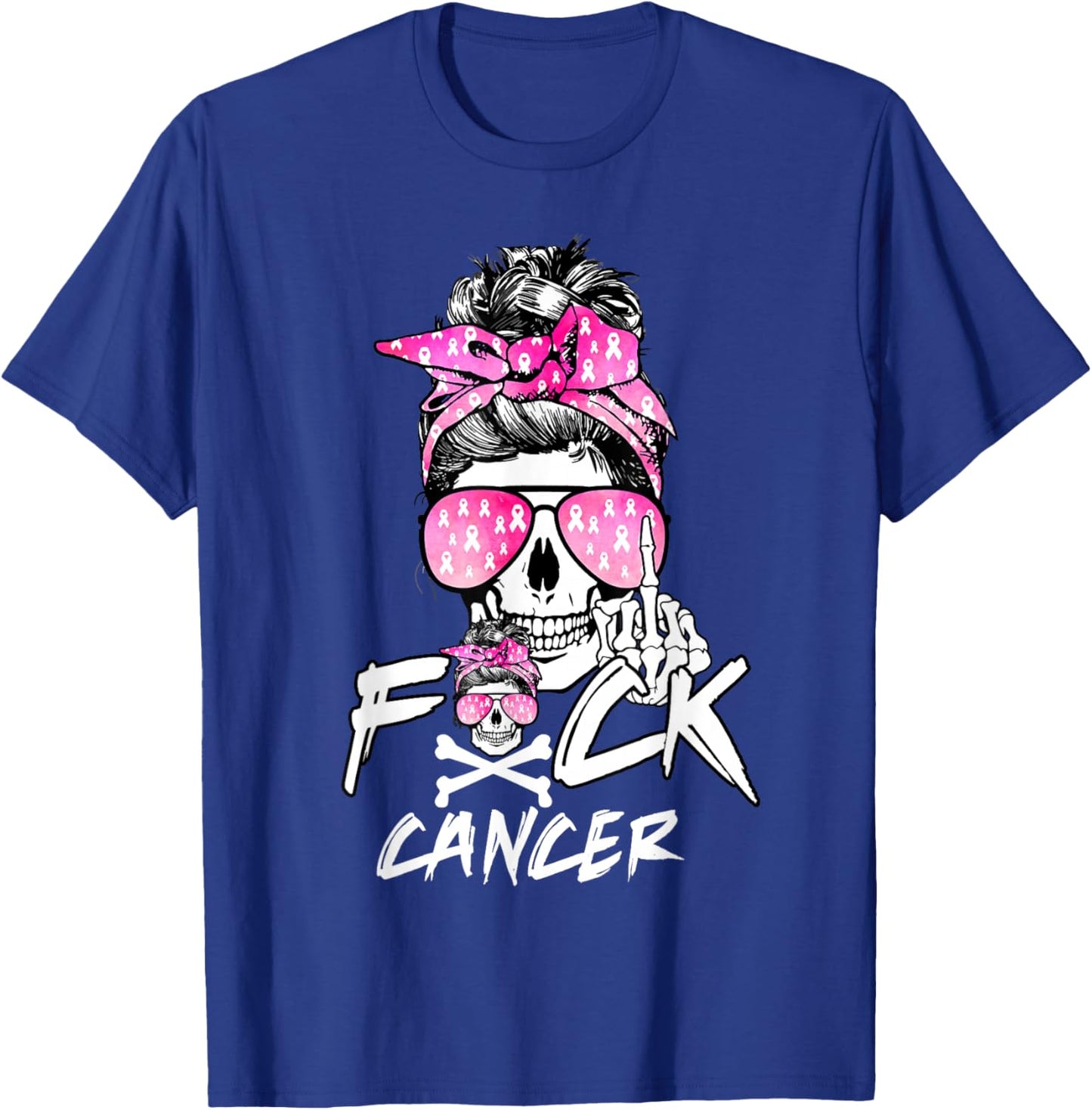 Fuck Breast Cancer Women Warrior Pink Ribbon Messy Bun Hair T-Shirt - T-Shirt | Royal