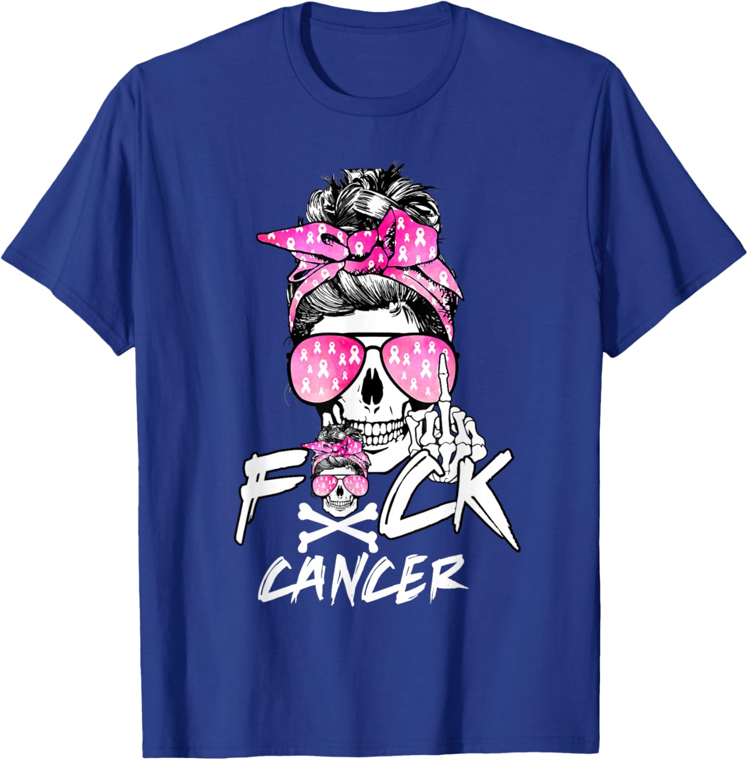 Fuck Breast Cancer Women Warrior Pink Ribbon Messy Bun Hair T-Shirt - T-Shirt | Royal