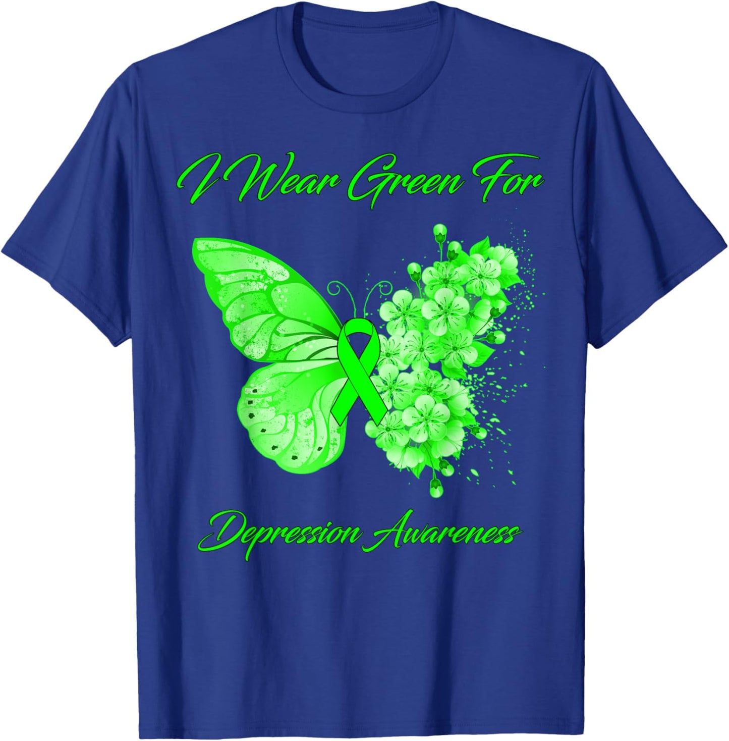 Butterfly I Wear Green For Depression Awareness T-Shirt - T-Shirt | Royal
