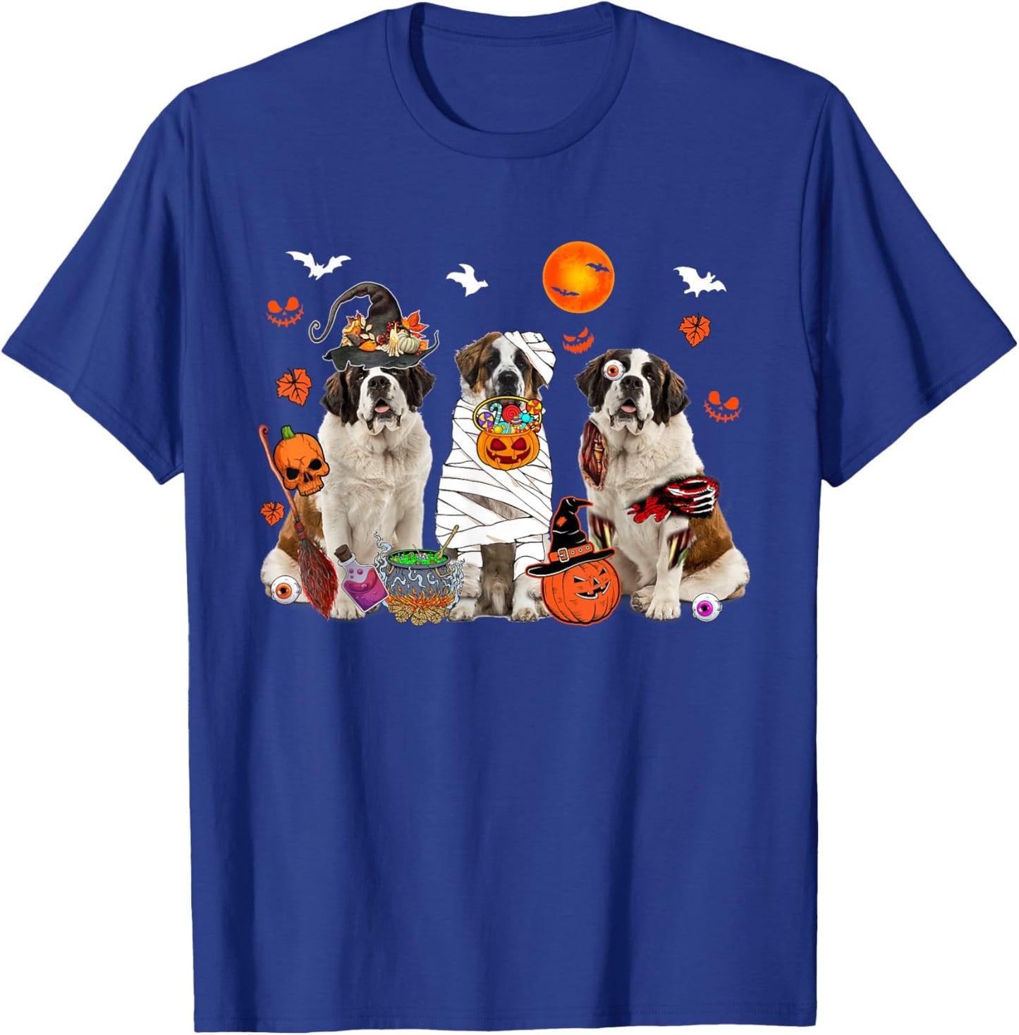 Three St. Bernard Dogs Witch Scary Mummy Halloween Zombie T-Shirt - T-Shirt | Royal