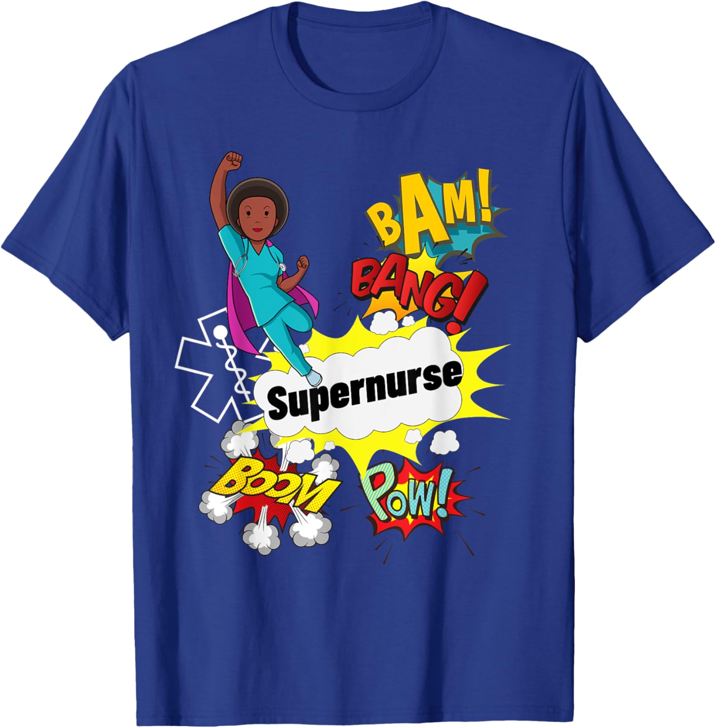 Supernurse Comic Superhero Style RN Black Woman Nursing Gift T-Shirt - T-Shirt | Royal