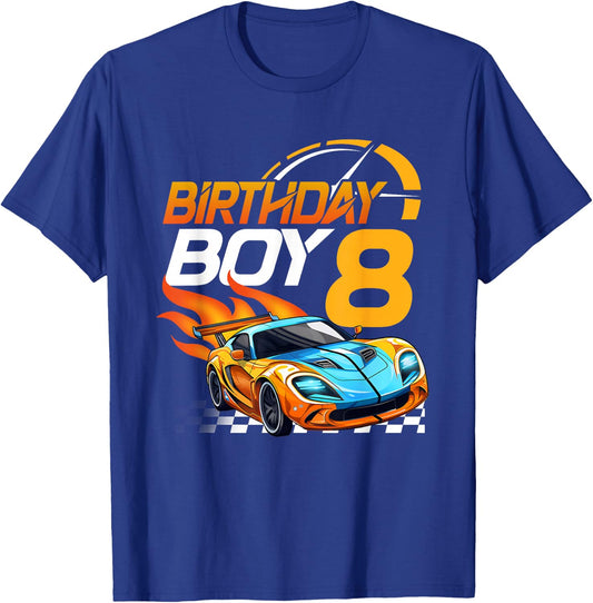 Birthday Boy 8 Years Race Car 8th Birthday Racing Car T-Shirt - T-Shirt | Royal