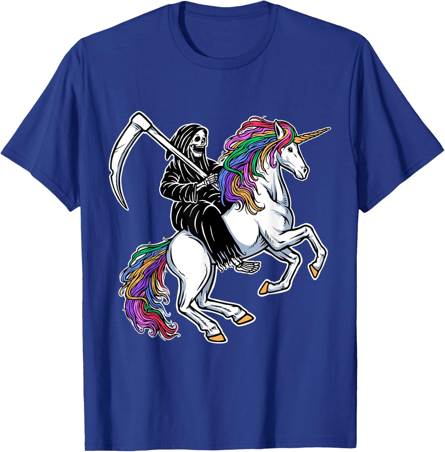 Grim Reaper Riding Unicorn Rainbow Skeleton Halloween T-Shirt - T-Shirt | Royal