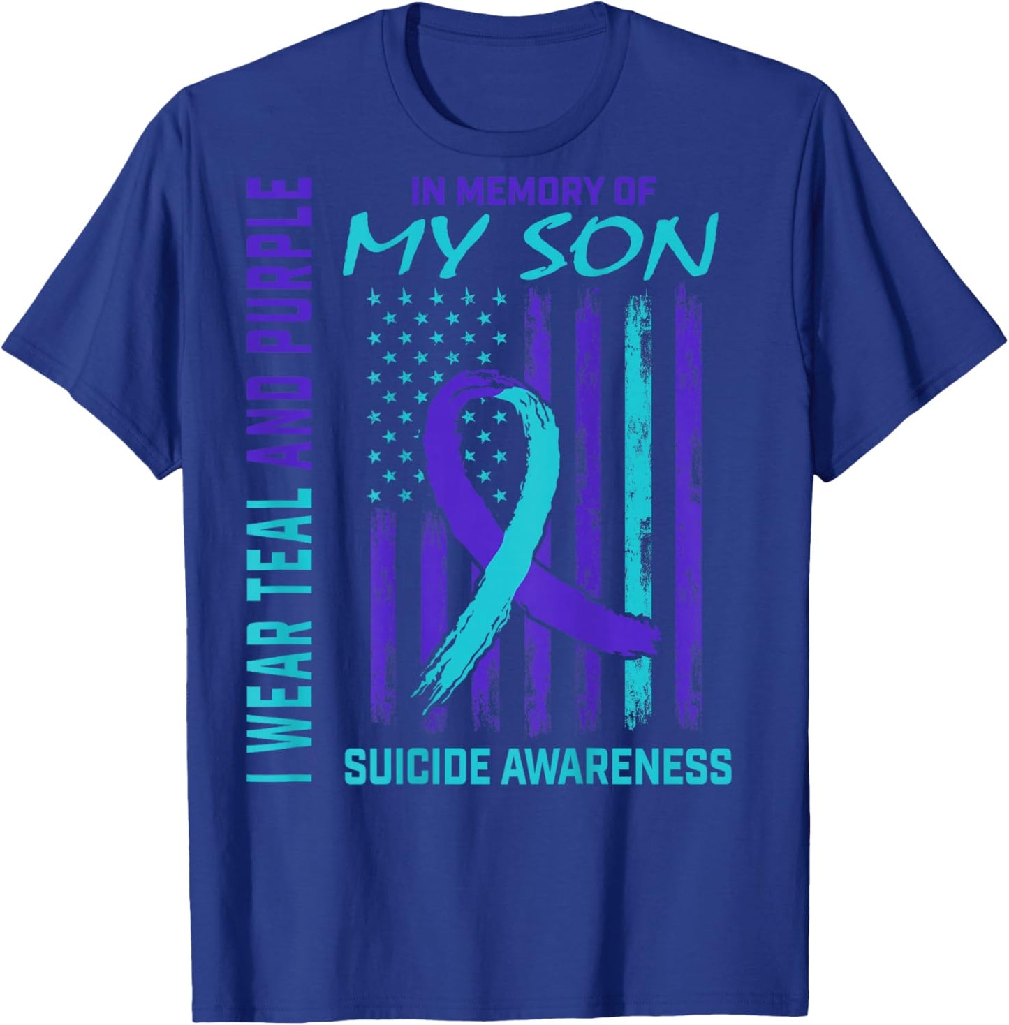 Teal Purple Ribbon Suicide Awareness USA Flag Son Back Print T-Shirt - T-Shirt | Royal