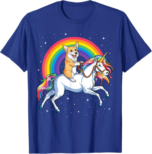 Corgi Riding Unicorn Girls Kids Rainbow Gifts Space Galaxy T-Shirt - T-Shirt | Royal