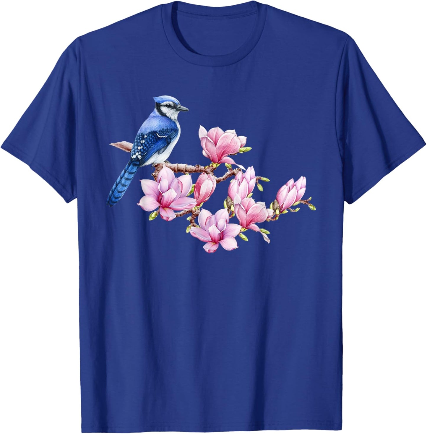 Blue Jay Bird on Magnolia - Watercolor Birding and Gardening T-Shirt - T-Shirt | Royal
