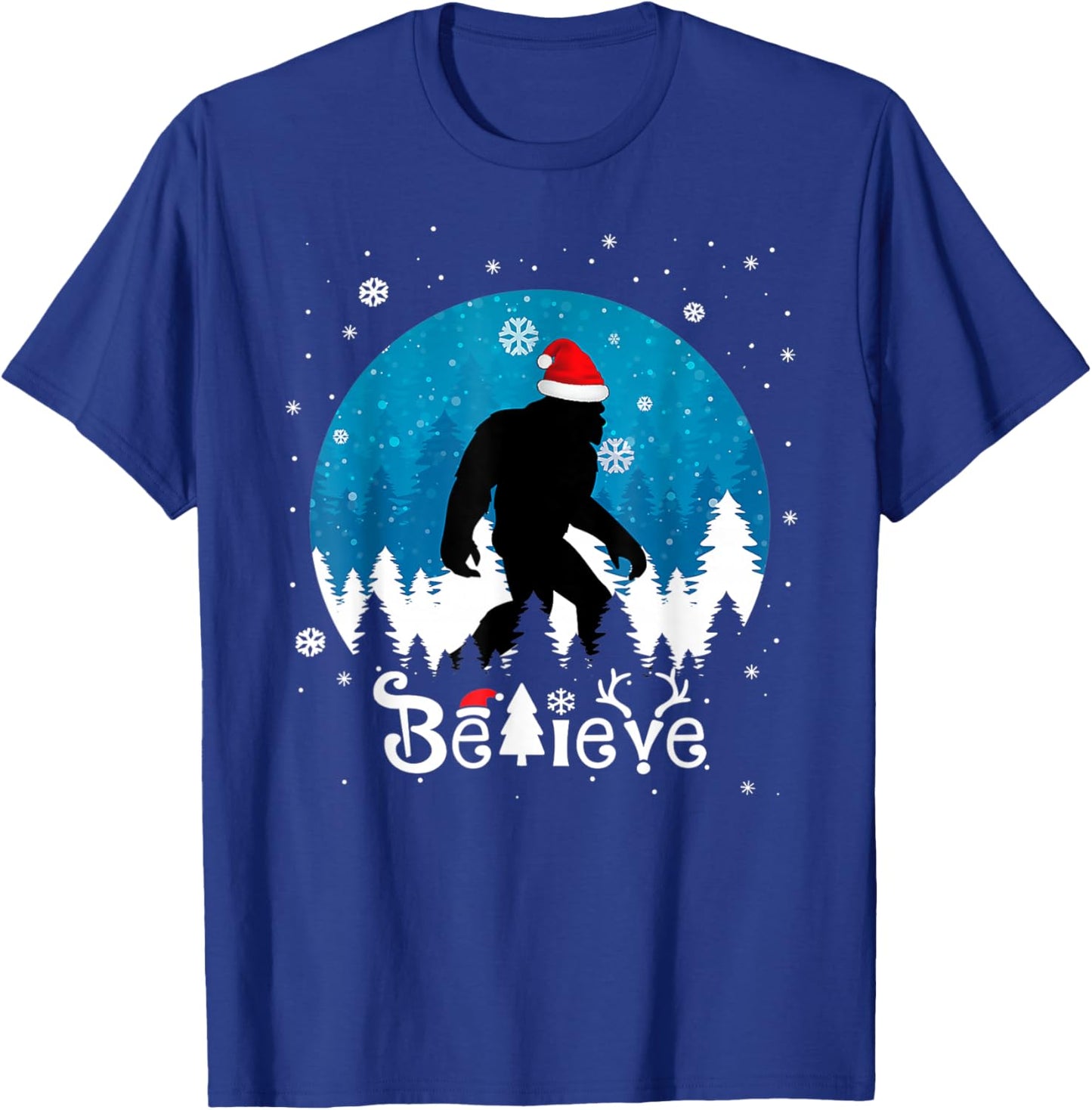 Funny Christmas Xmas Bigfoot Believe Sasquatch In Moon Light T-Shirt - T-Shirt | Royal