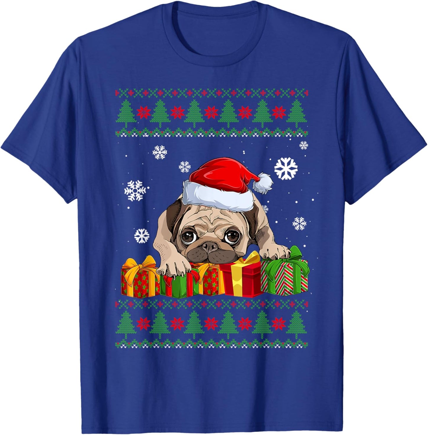 Funny Dog lovers Cute Pug Santa Hat Ugly Christmas Sweater T-Shirt - T-Shirt | Royal