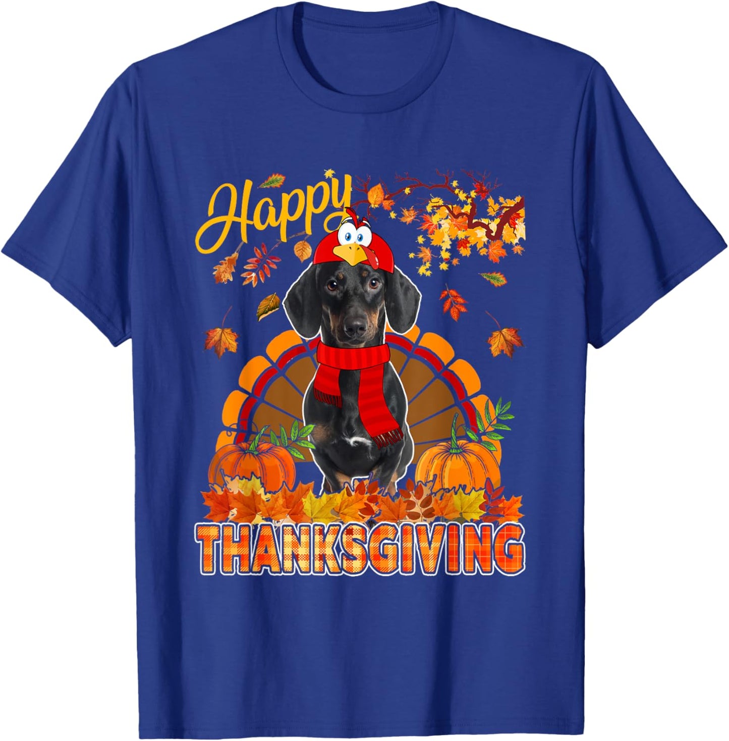Thanksgiving Dachshund Wearing Turkey Costume Fall Leaves T-Shirt - T-Shirt | Royal