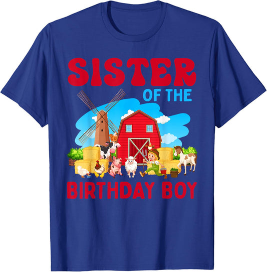 Sister Of The Birthday Boy Farm Farmer Theme T-Shirt - T-Shirt | Royal