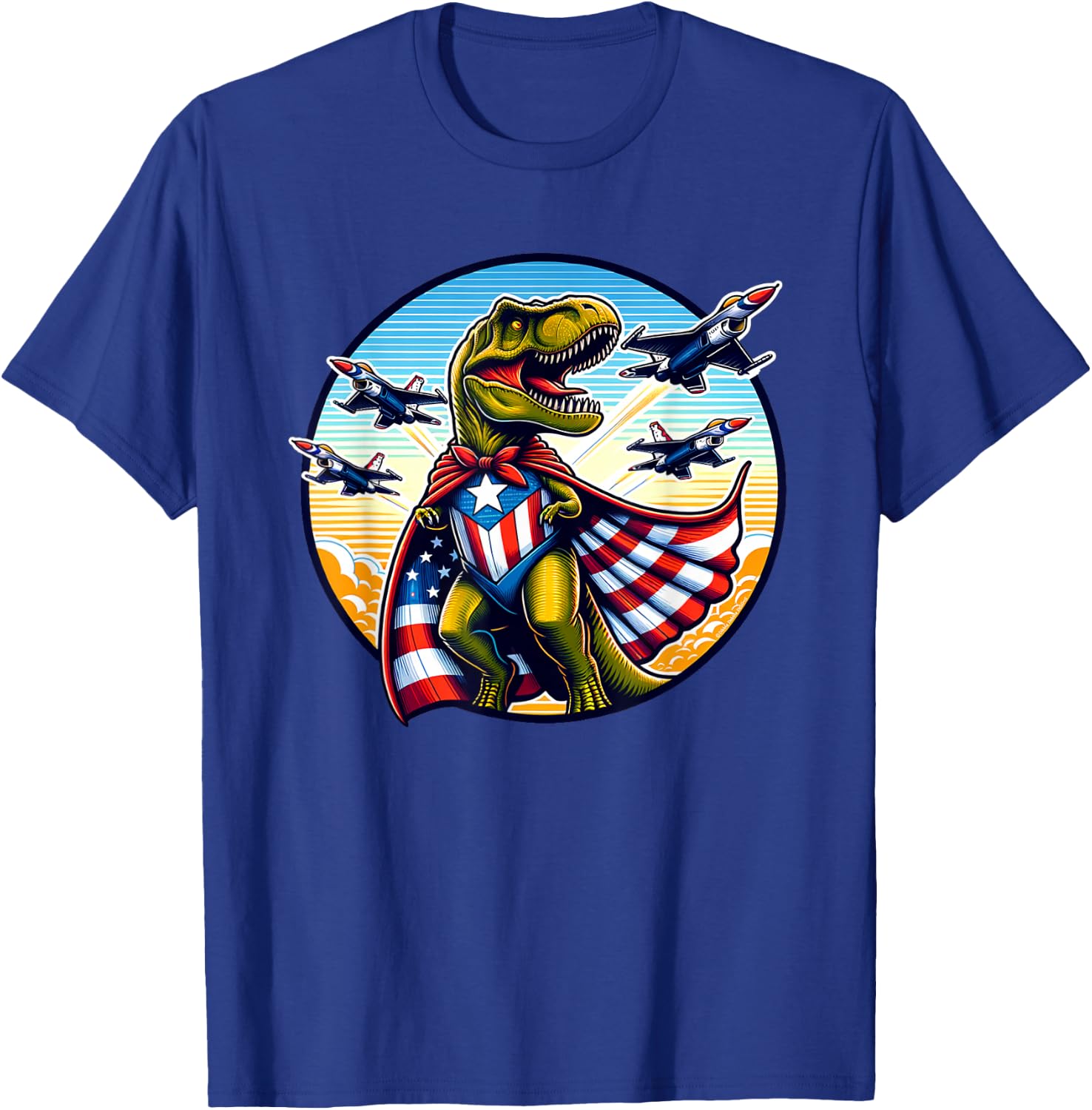 Amerisaurus T-Rex Patriotic Boys Girl 4th of July Flag Jets T-Shirt - T-Shirt | Royal