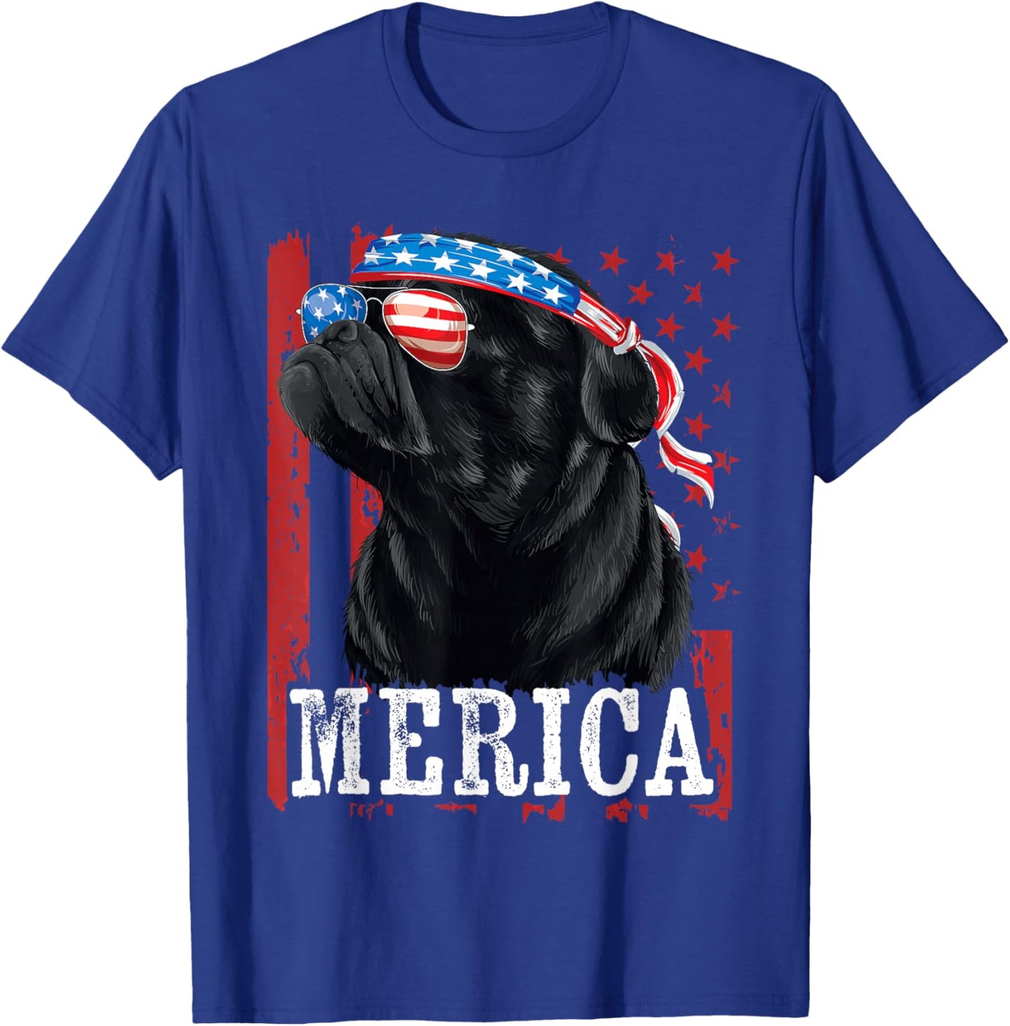 Funny Black Pug 4th of July Dog Mom Dog Dad Merica USA Flag T-Shirt - T-Shirt | Royal