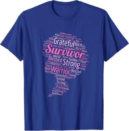 African American Breast Cancer Survivor Words in Afro T-Shirt - T-Shirt | Royal