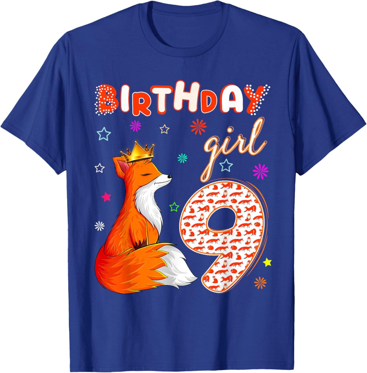 Animal Lovers 9th Birthday Girl Fox B-day 9 year old T-Shirt - T-Shirt | Royal