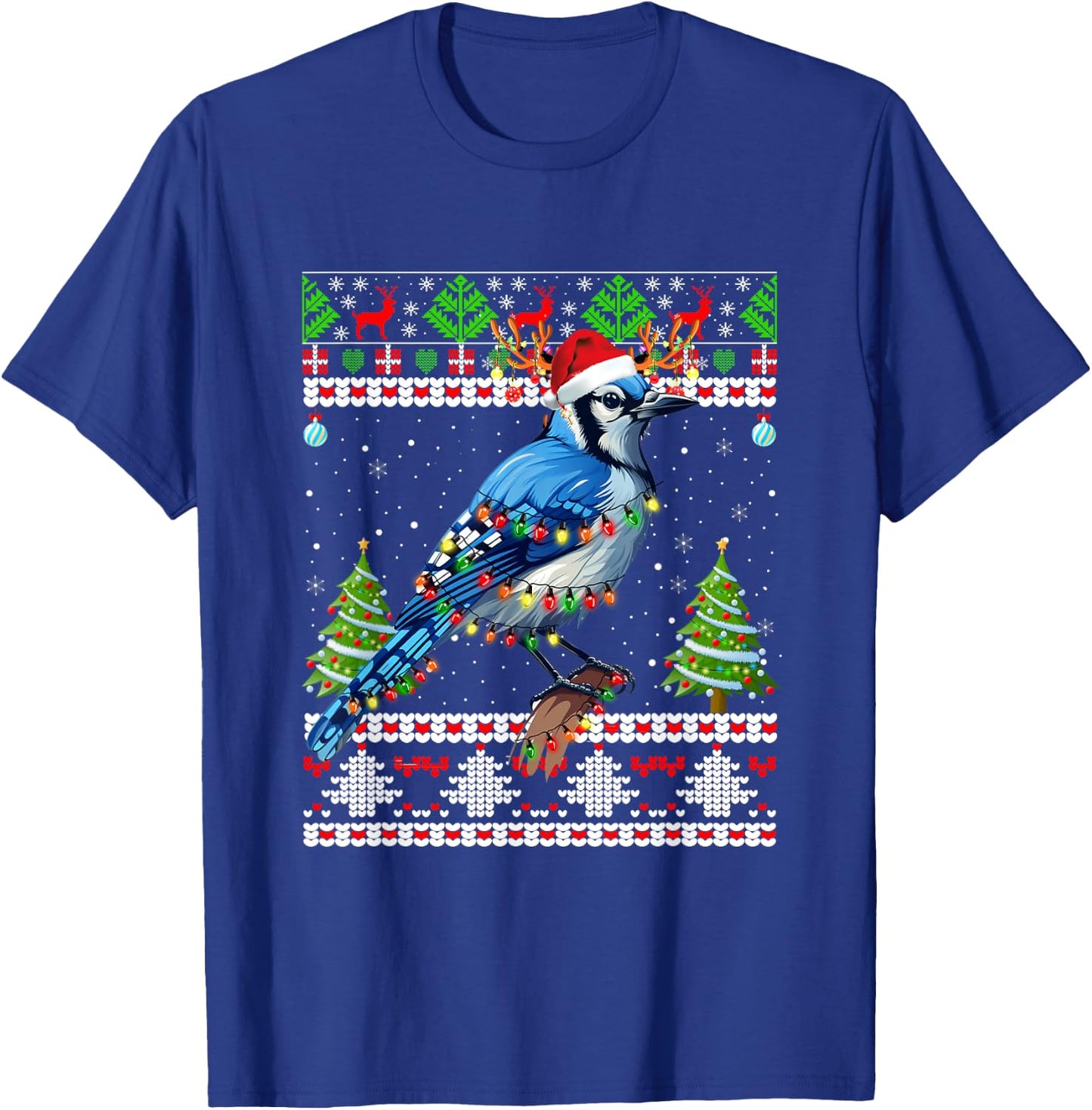 Xmas Lights Ugly Sweater Style Santa Blue Jay Bird Christmas T-Shirt - T-Shirt | Royal