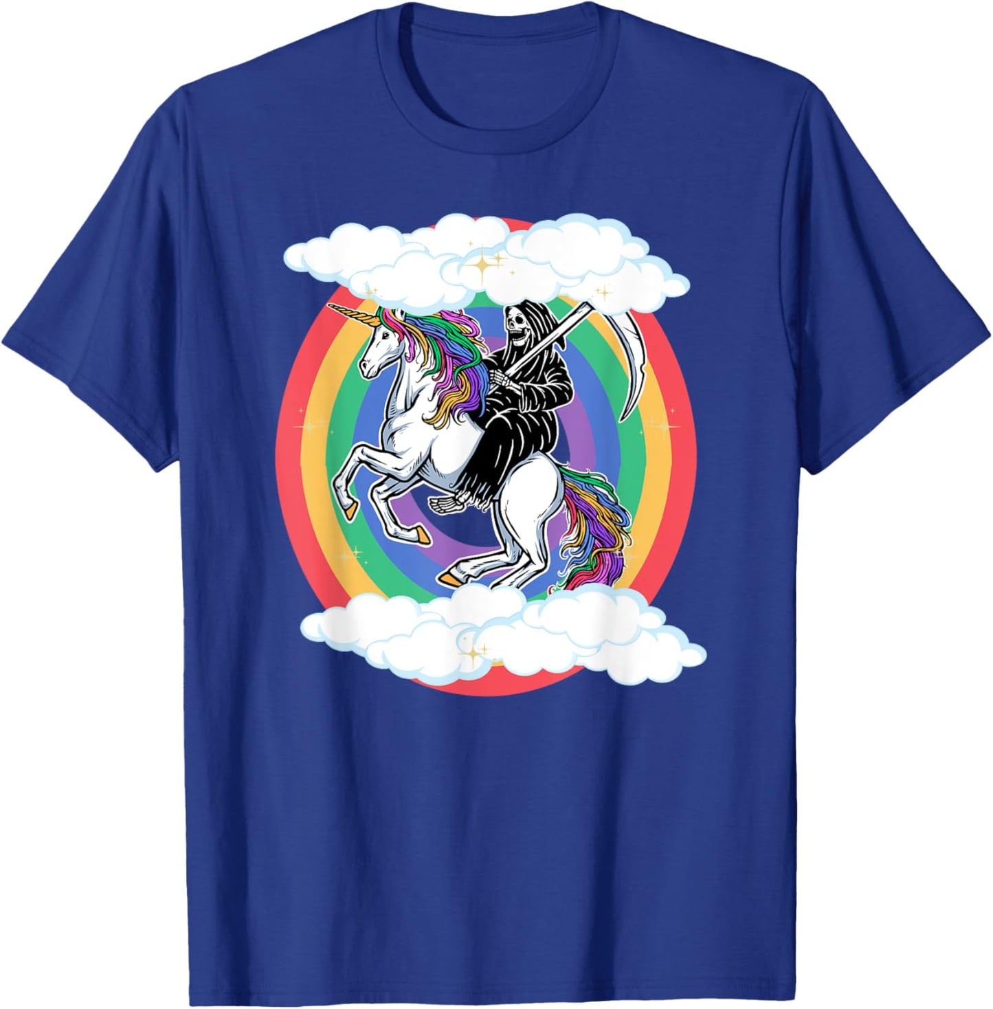 Skeleton Riding Unicorn Funny Unicorns Rainbow Lover Graphic T-Shirt - T-Shirt | Royal