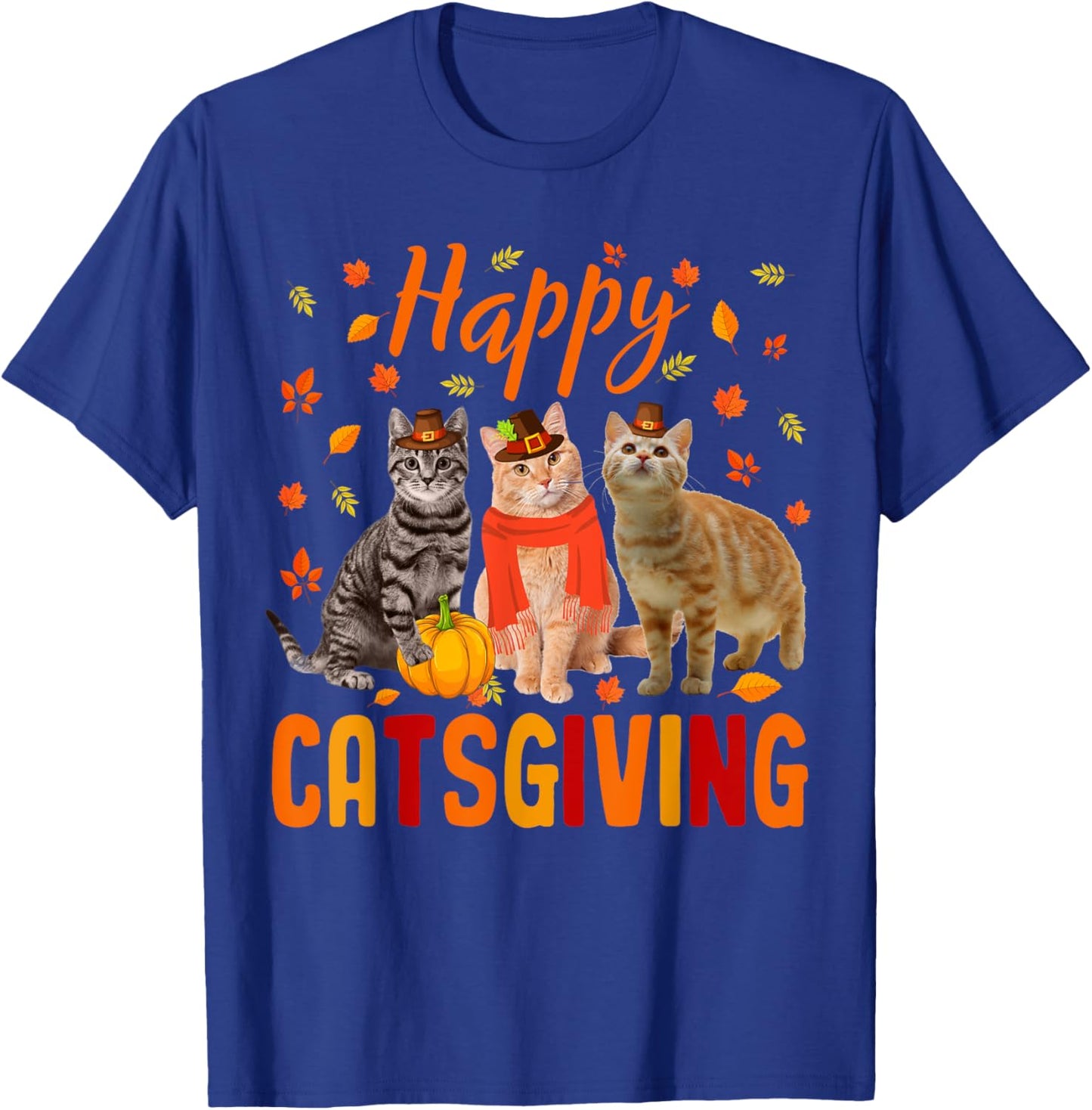 Happy Catsgiving Cute Thanksgiving Cat Wears Pilgrim Hat T-Shirt - T-Shirt | Royal