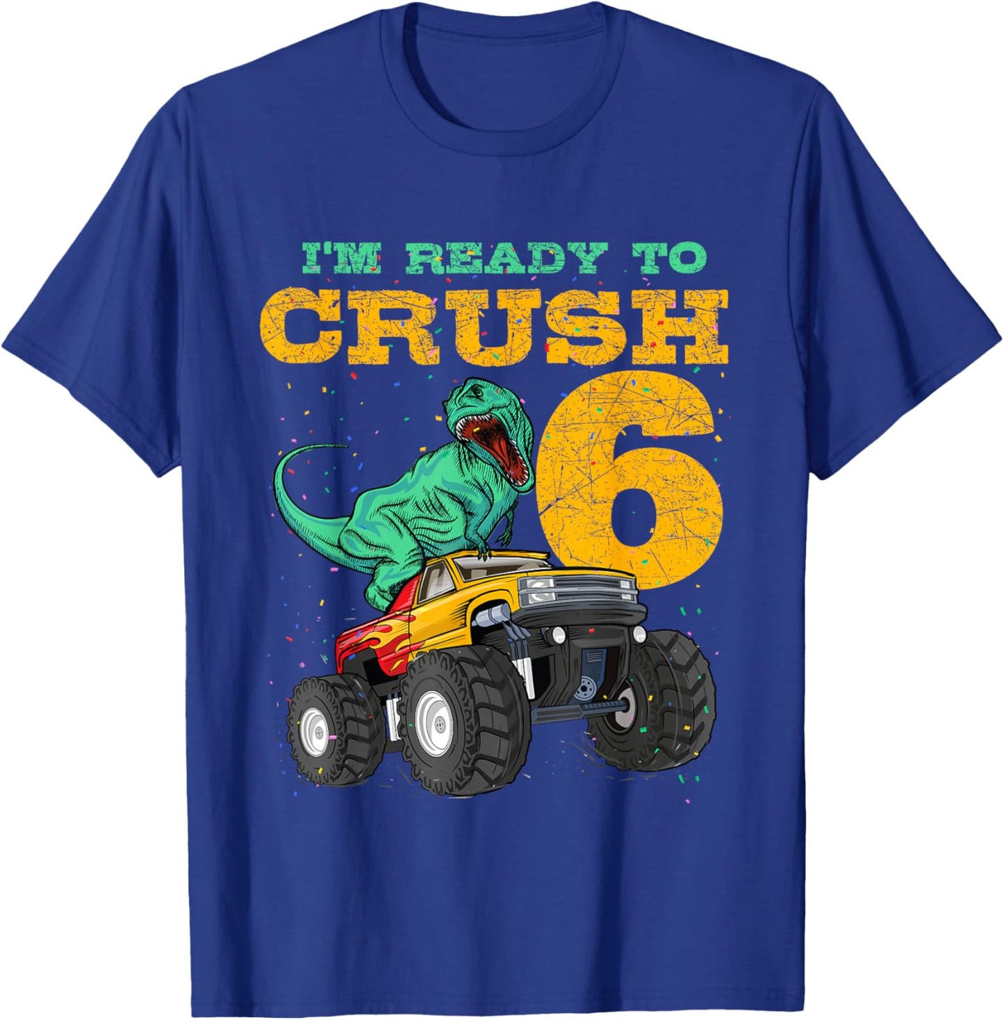 6th Birthday Monster Truck Dino 6 Years Old Bday T-Shirt - T-Shirt | Royal
