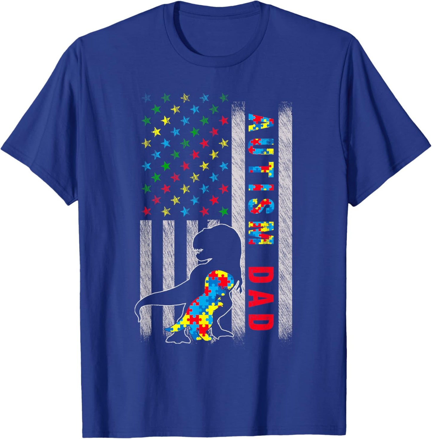 Autism Dad US Flag Dinosaur Autism Awareness T-Shirt - T-Shirt | Royal