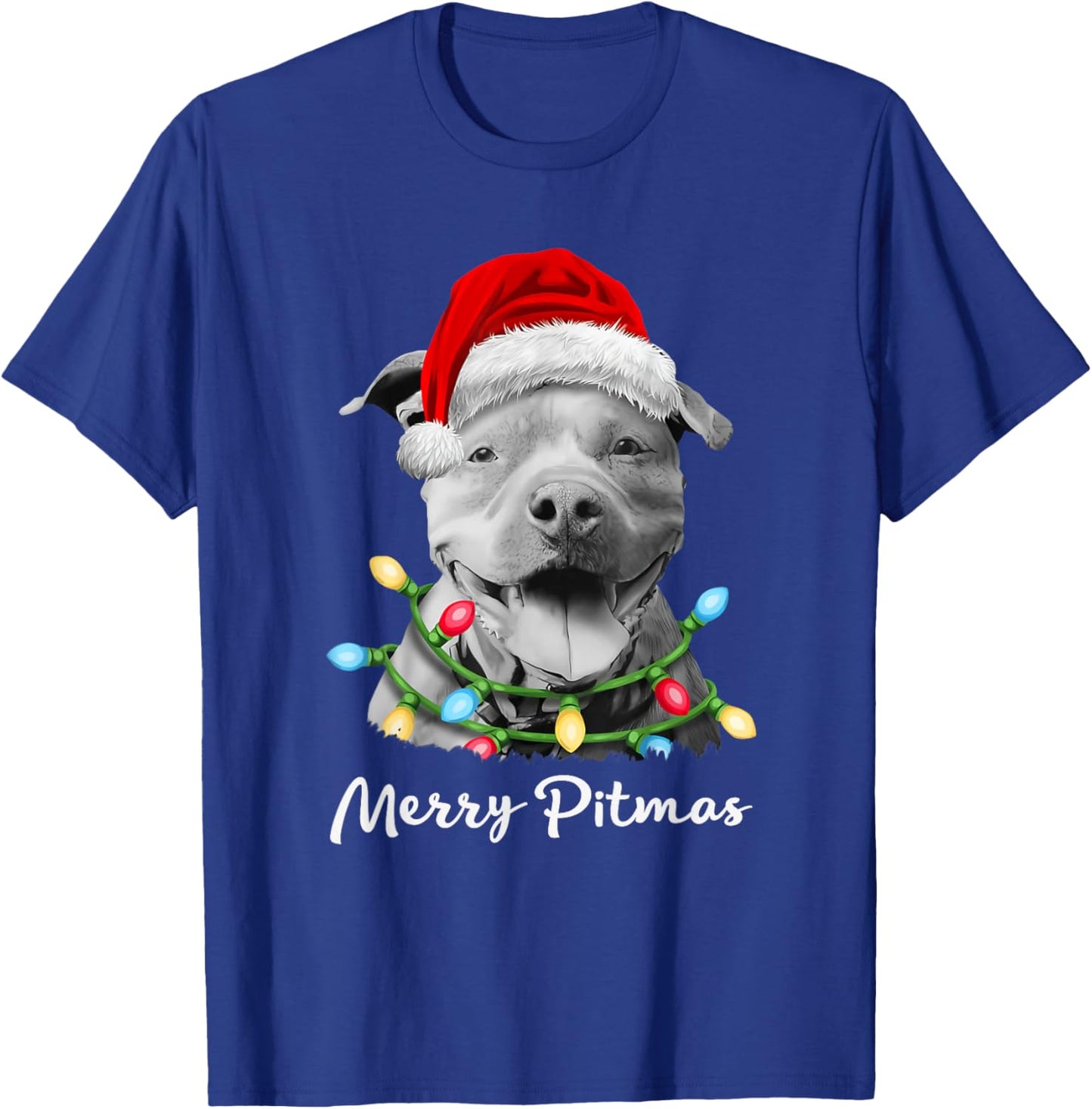 Pit Bull Santa Christmas Tree Lights Xmas Merry Pitmas T-Shirt - T-Shirt | Royal