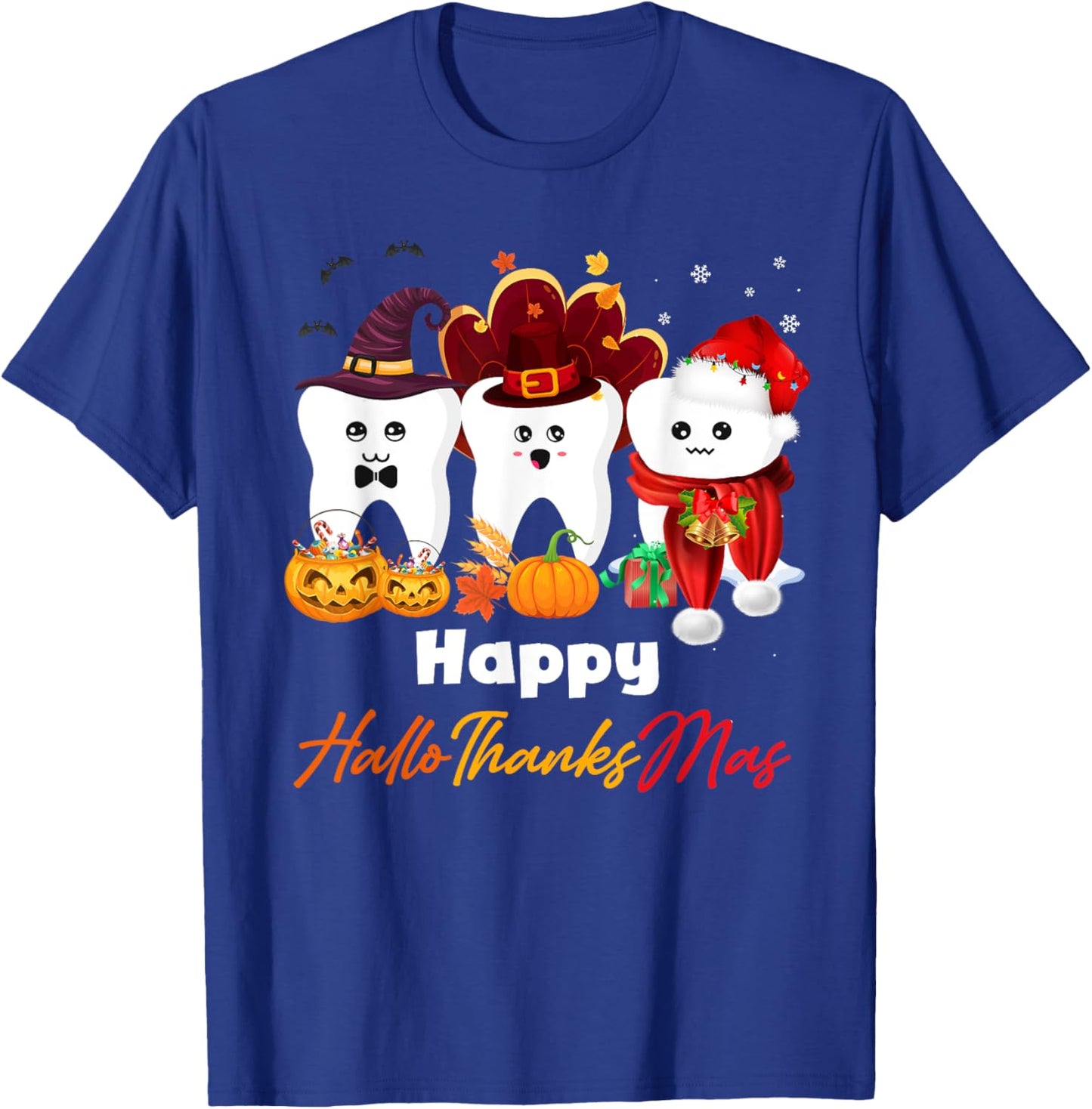 Teeth HalloThanksMas Halloween Thanksgiving Christmas Dental T-Shirt - T-Shirt | Royal
