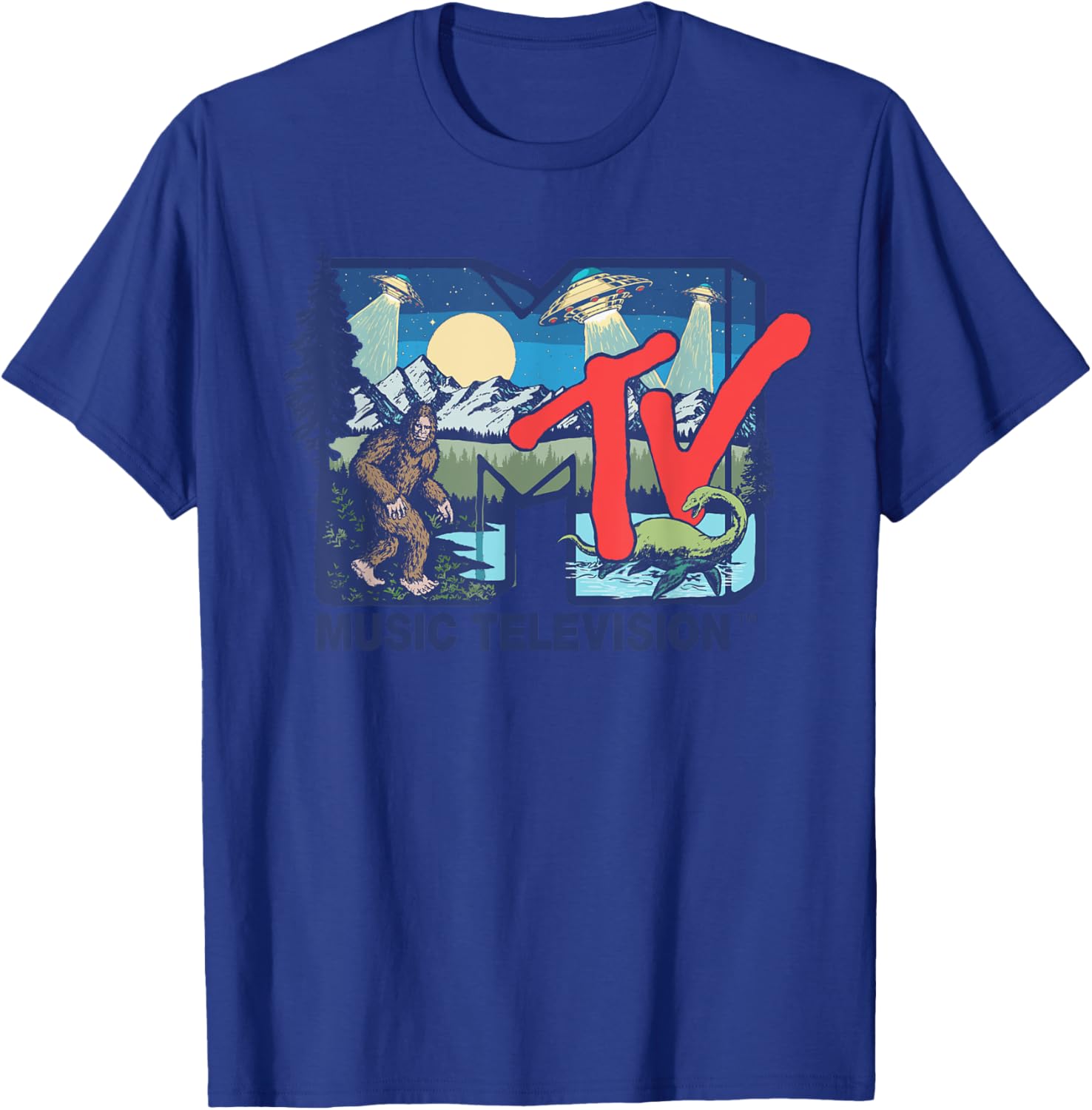 Mademark x MTV - Cryptid MTV Logo Featuring Bigfoot, UFO, Aliens & Nessie T-Shirt - T-Shirt | Royal