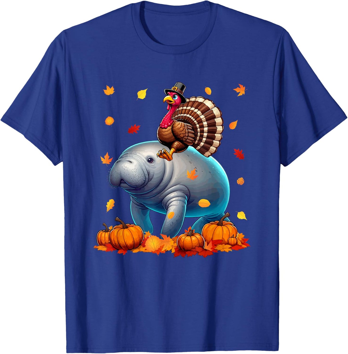 Turkey Riding Manatee Thanksgiving Fall Leaves Pumpkins T-Shirt - T-Shirt | Royal