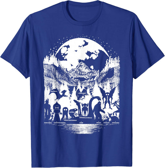 Cryptid Monsters Bigfoot Mothman Dogman Moon Cryptozoology T-Shirt - T-Shirt | Royal