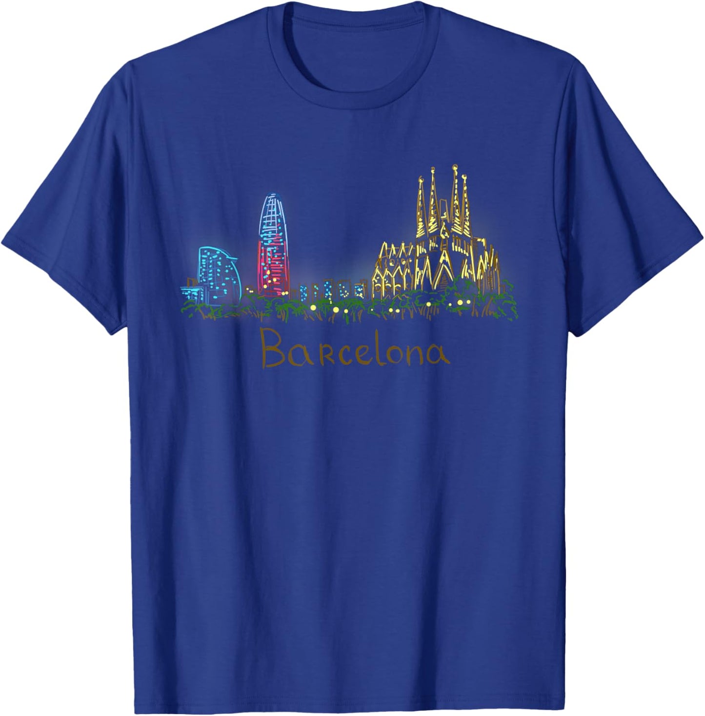 Barcelona in night Unique Hand Drawn Art T-Shirt - T-Shirt | Royal