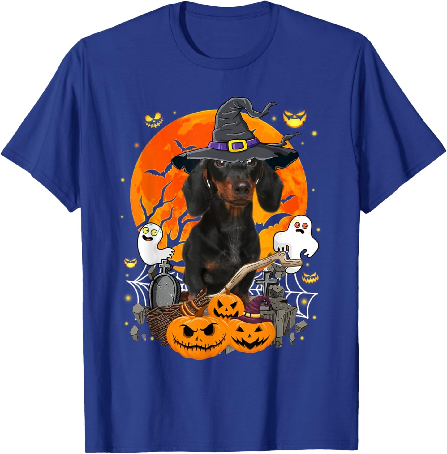 Witchy Dachshund Dog Moon Ghosts Pumpkins Halloween Costume Men Women Kids T-Shirt - T-Shirt | Royal
