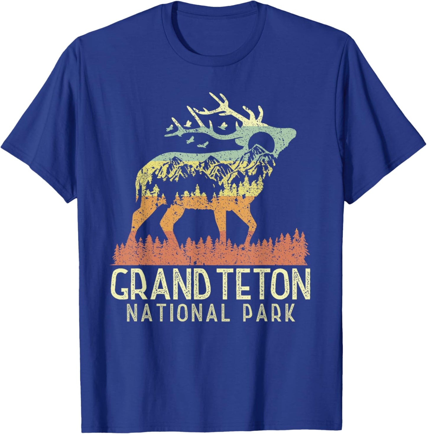 Grand Teton National Park Retro Mountain Vintage Elk Gift T-Shirt - T-Shirt | Royal