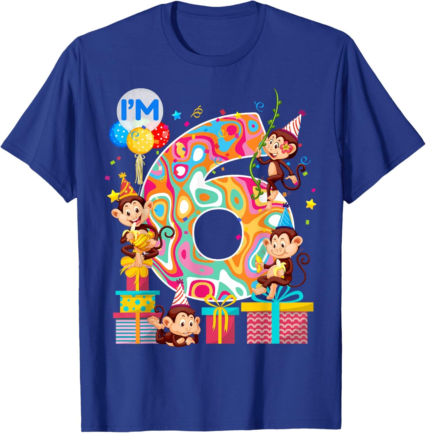 6th B-Day Monkey Birthday Zoo Animal 6 Year Old Funny T-Shirt - T-Shirt | Royal
