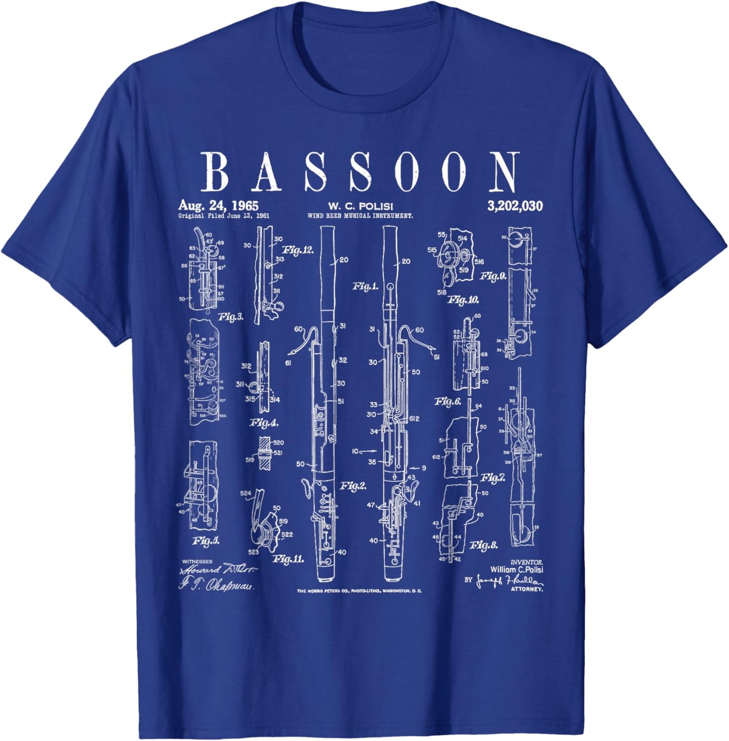 Bassoon Player Vintage Patent Bassoonist Drawing Print T-Shirt - T-Shirt | Royal