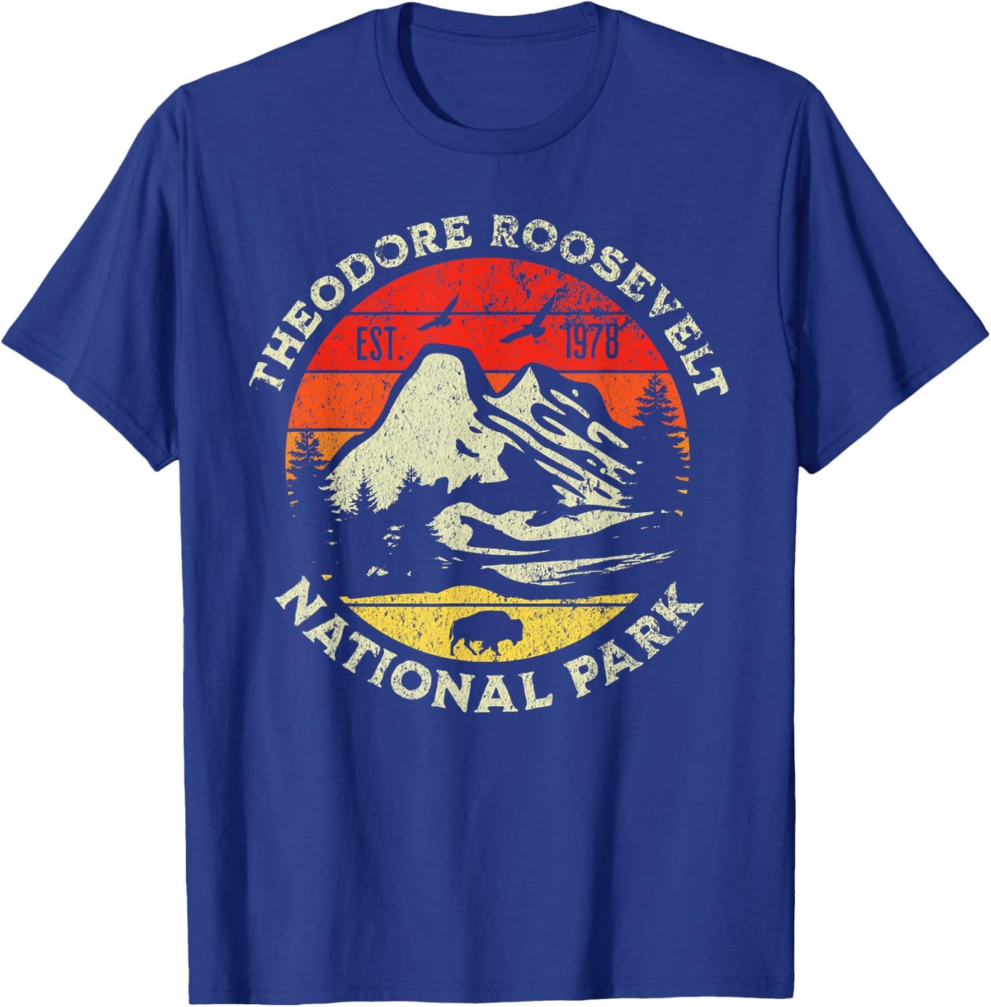 Theodore Roosevelt National Park - Blue, -Adults, Kids - , Short Sleeve - Retro Nature Design - Hiking, Camping, Outdoor - All Seasons T-Shirt - T-Shirt | Royal