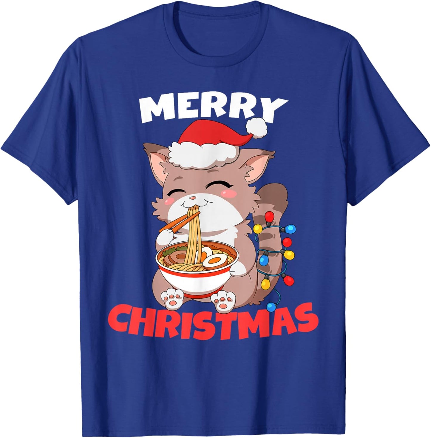 Merry Christmas Anime Kawaii Cat Ramen Xmas Lights T-Shirt - T-Shirt | Royal