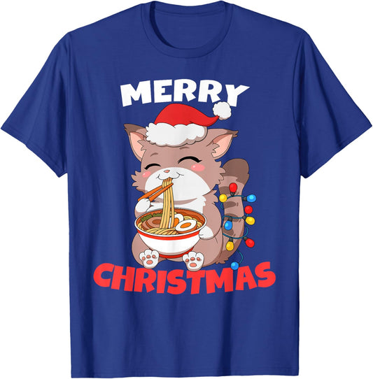 Merry Christmas Anime Kawaii Cat Ramen Xmas Lights T-Shirt - T-Shirt | Royal
