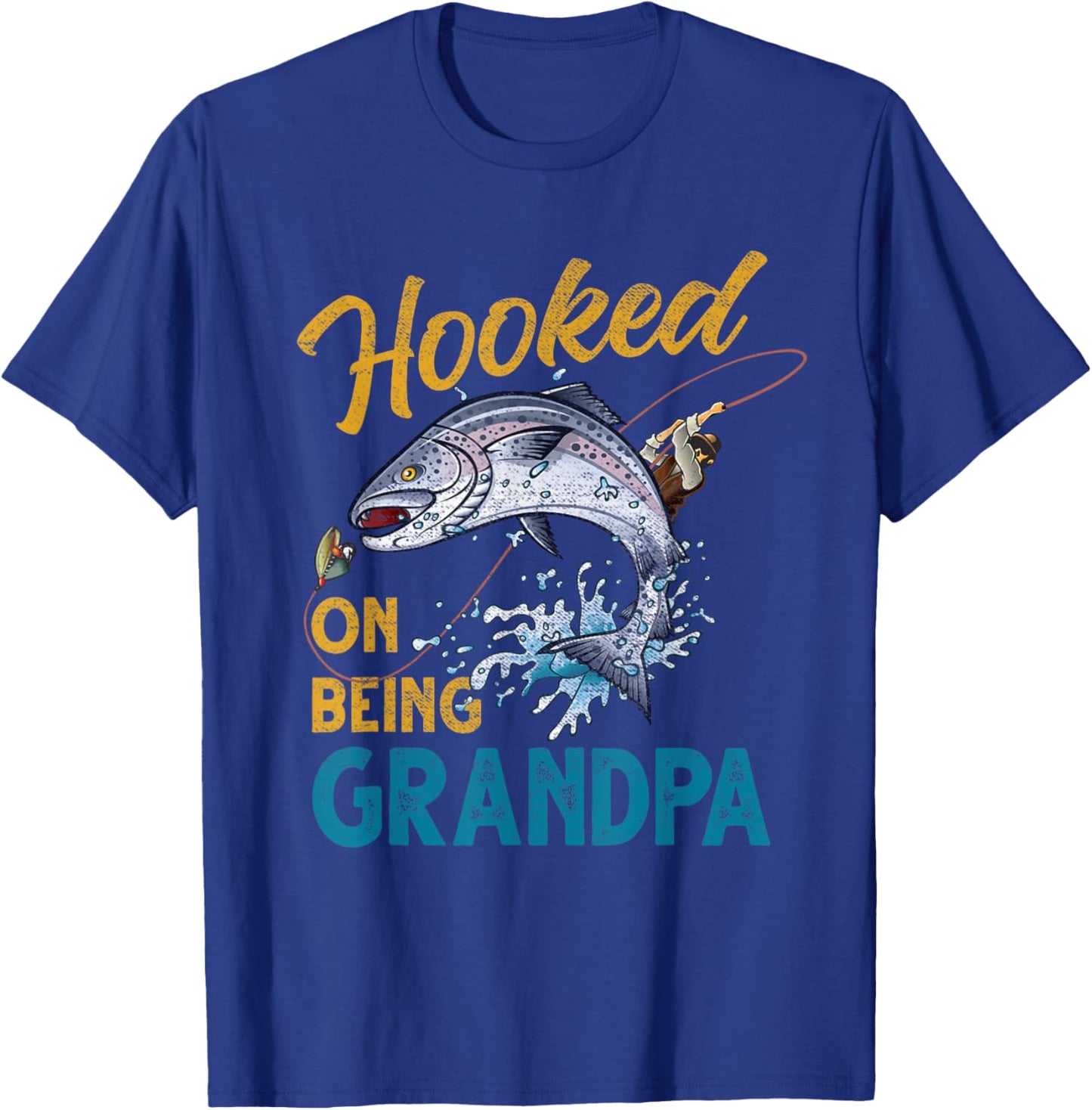 Vintage Hooked On Being Grandpa Funny Fishing Fathers Day T-Shirt - T-Shirt | Royal