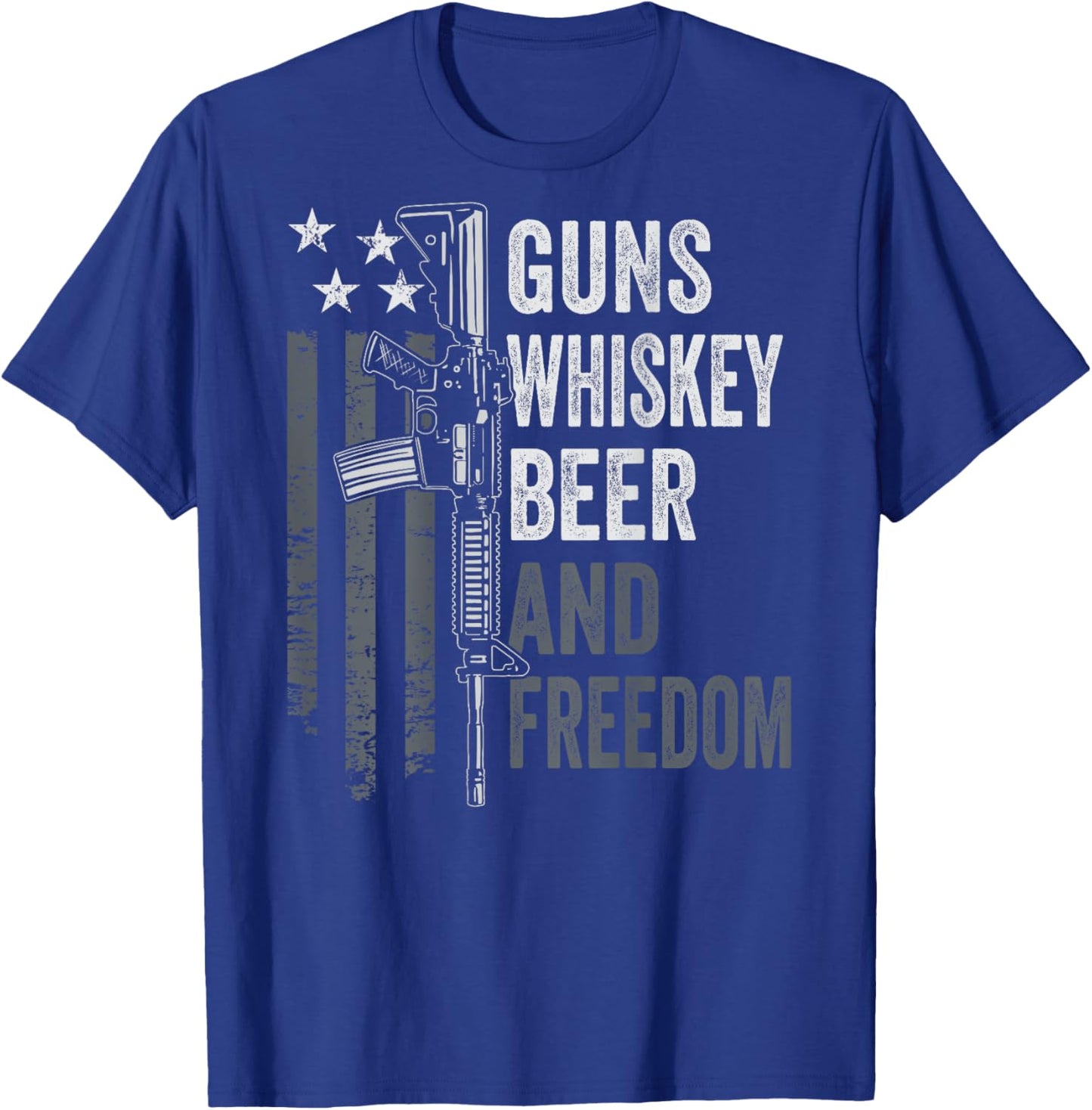 Guns Whisky Beer And Freedom - Funny Drinking Gun (ON BACK) T-Shirt - T-Shirt | Royal