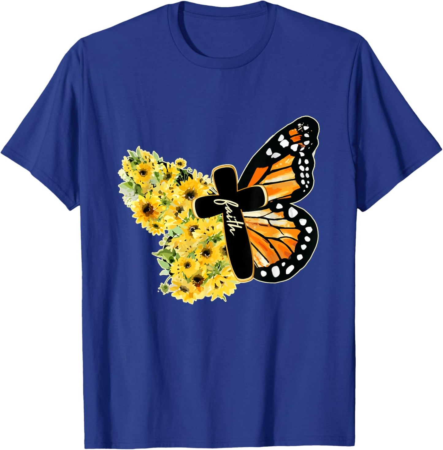 Faith Cross Sunflower Butterfly Christian Vintage T-Shirt - T-Shirt | Royal