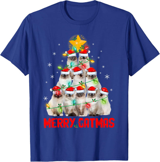 Merry Catmas Santa Birman Cats Christmas Tree Lights Xmas T-Shirt - T-Shirt | Royal
