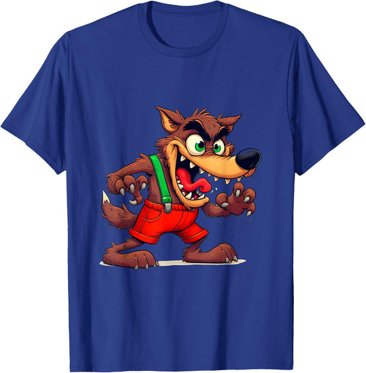 Bad Wolf in a costume with 3 Pigs on the back by houses T-Shirt - T-Shirt | Royal