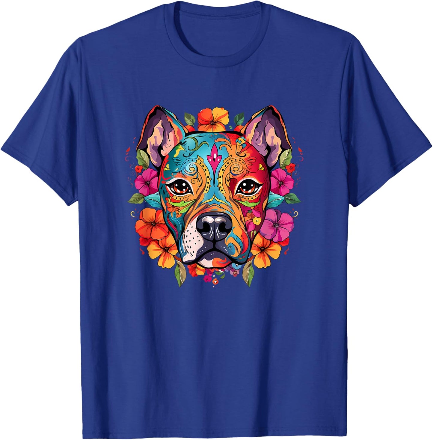 Halloween, Pit Bull, Sugar Skull, Funny, Dogs, Flowers T-Shirt - T-Shirt | Royal