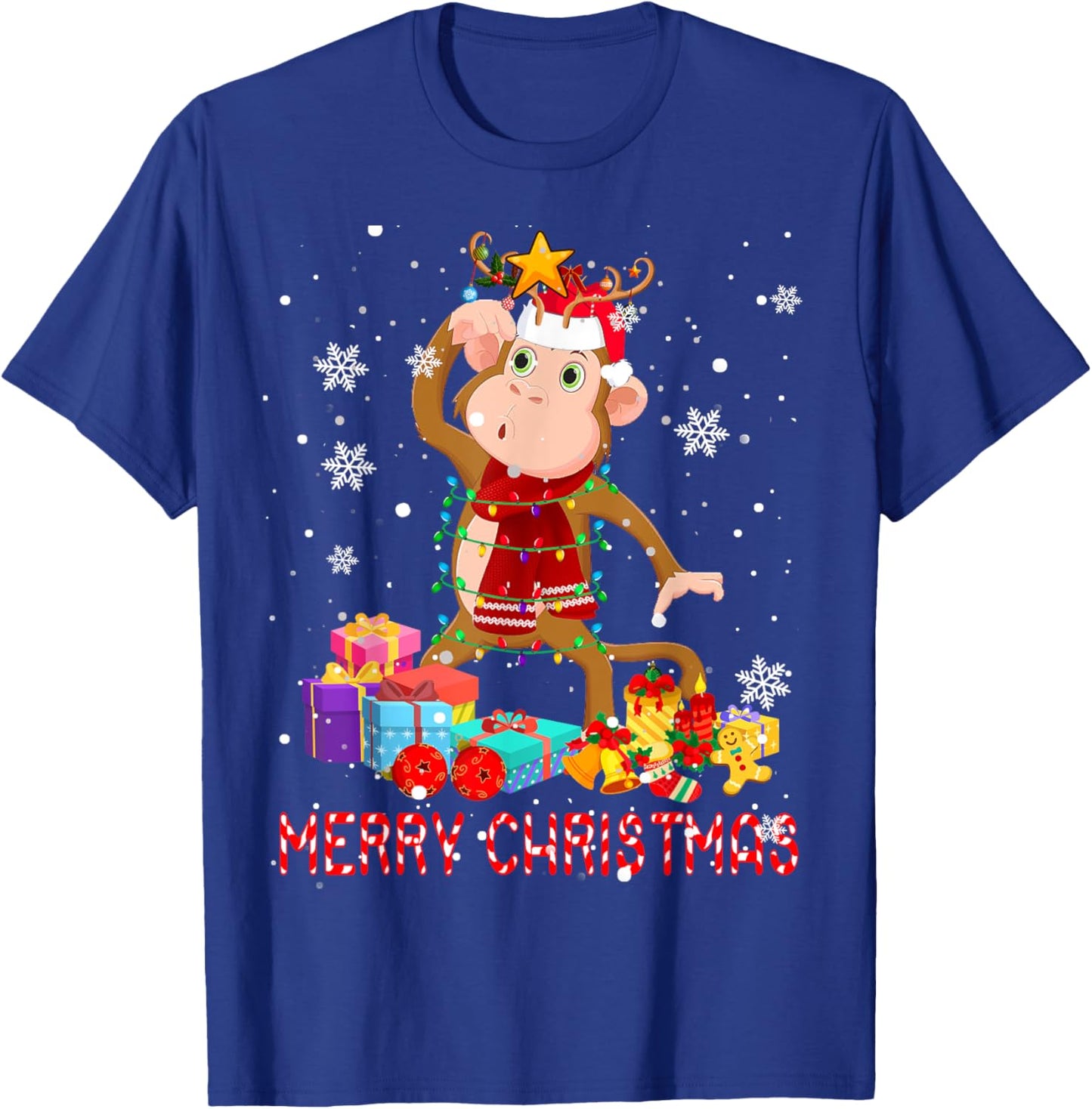 Merry Christmas Cute Christmas Lights Santa Reindeer Monkey T-Shirt - T-Shirt | Royal