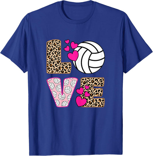 Cute Love Volleyball Leopard Print Women Girls Volleyball T-Shirt - T-Shirt | Royal