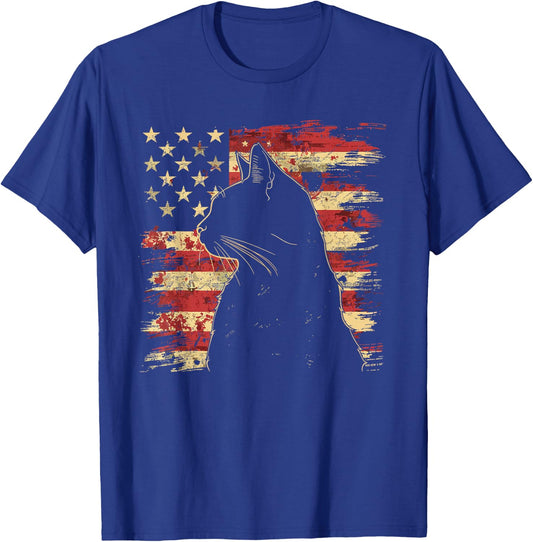 4th of July DESIGNS -Adult Vintage Patriotic Cat Silhouette Graphic , Black, Small, Short Sleeve T-Shirt - T-Shirt | Royal