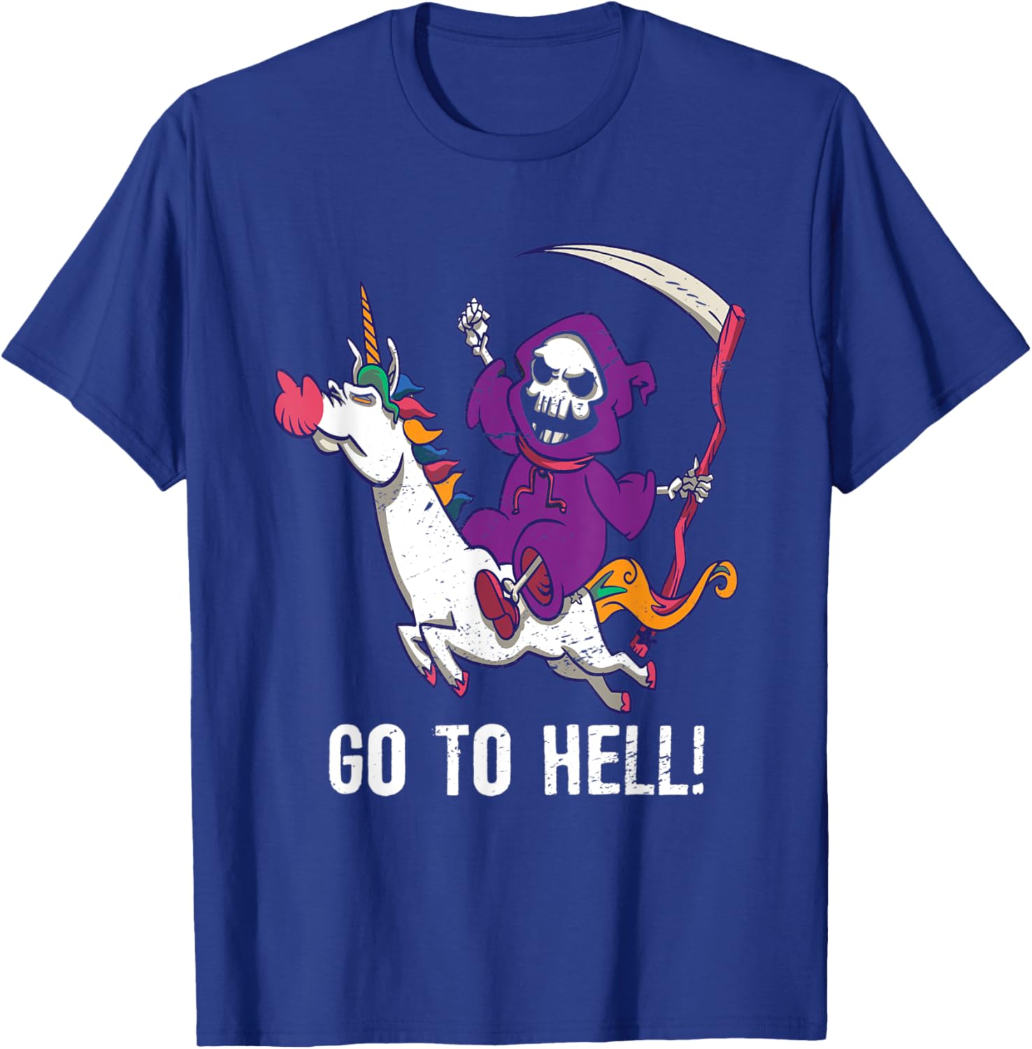 Go To Hell Spooky Grim Reaper Riding A Unicorn Skeleton T-Shirt - T-Shirt | Royal
