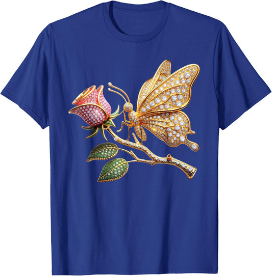 24K Gold and Diamond Butterfly on a Rose Bling Gift T-Shirt - T-Shirt | Royal